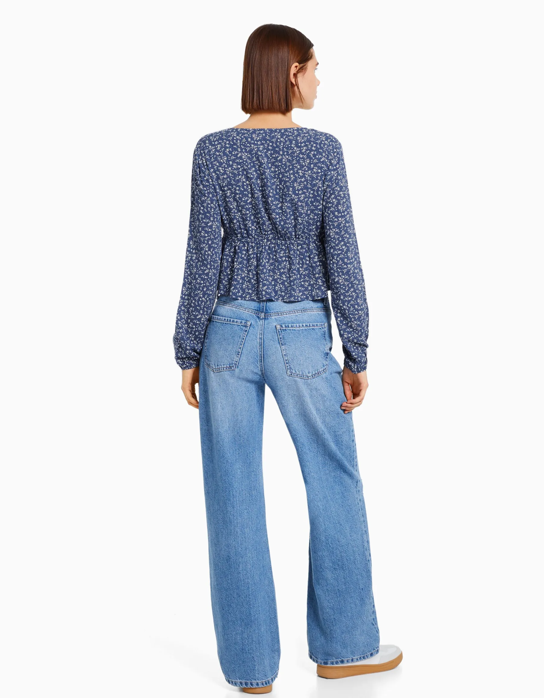 BERSHKA Chemisier manches longues imprimé fleurs nœud Marine Cheap