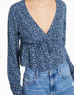 BERSHKA Chemisier manches longues imprimé fleurs nœud Marine Cheap