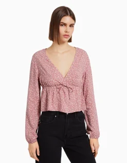 BERSHKA Chemisier manches longues imprimé fleurs nœud Marine New