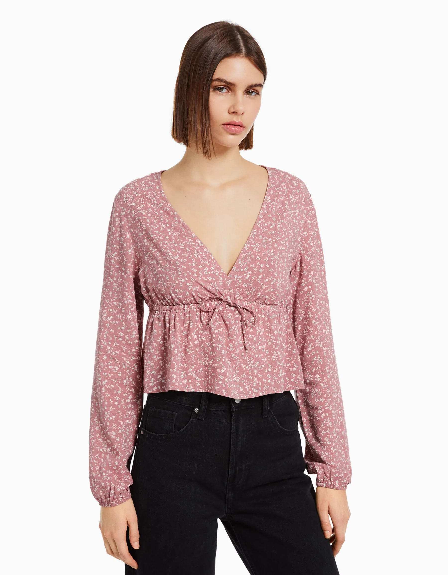 BERSHKA Chemisier manches longues imprimé fleurs nœud Marine New