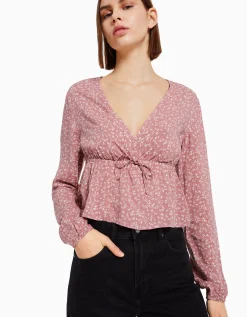 BERSHKA Chemisier manches longues imprimé fleurs nœud Marine New