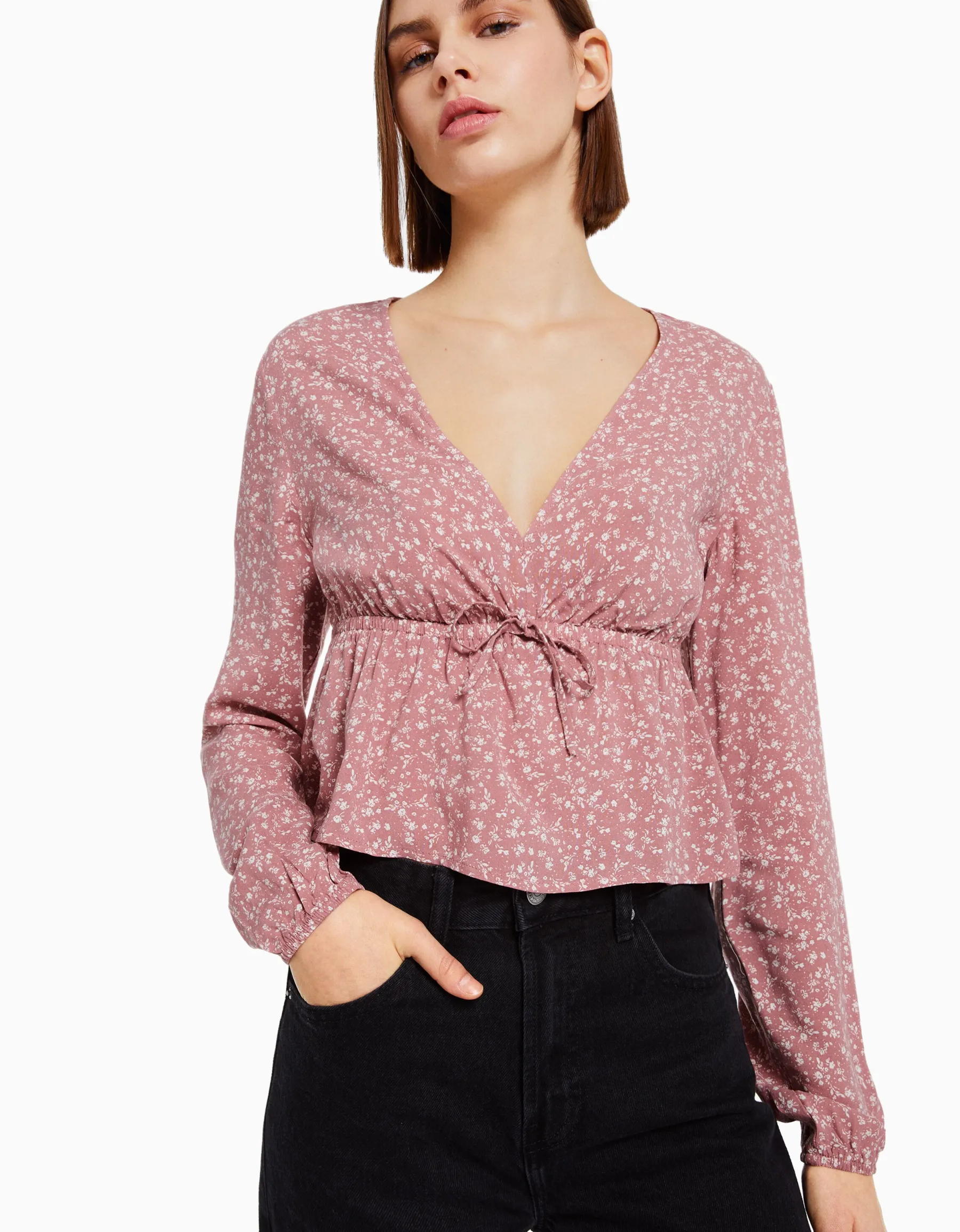 BERSHKA Chemisier manches longues imprimé fleurs nœud Marine New