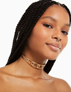 BERSHKA Collier ras du cou rigide cœurs pierres fantaisie Or Flash Sale
