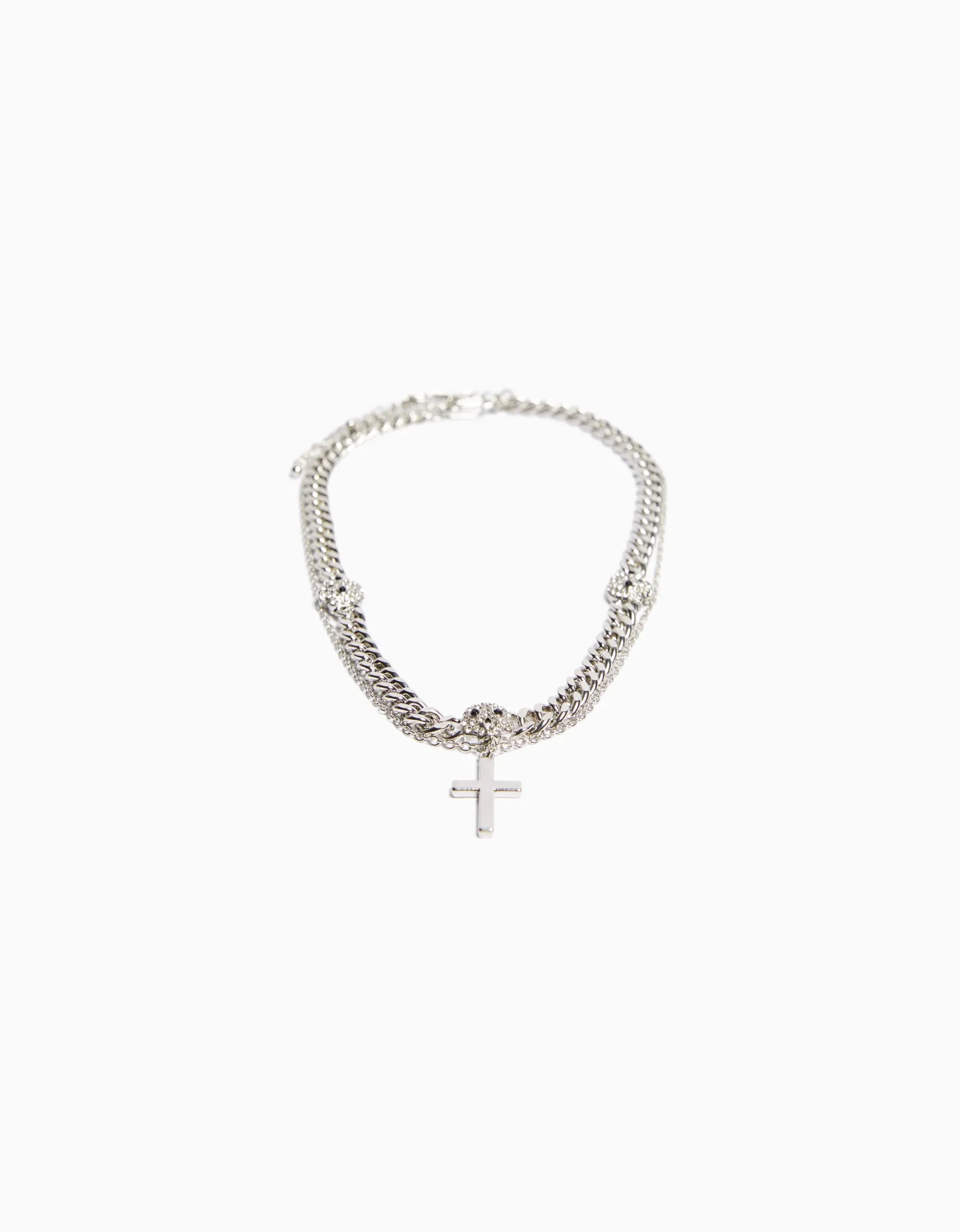 BERSHKA Collier tête de mort croix Argent New