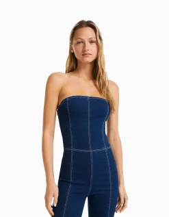 BERSHKA Combi-pantalon denim épaules dénudées Marine Outlet
