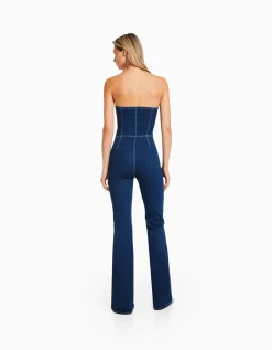 BERSHKA Combi-pantalon denim épaules dénudées Marine Outlet