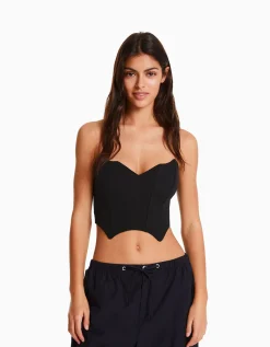 BERSHKA Corset cropped encolure en V Noir Clearance