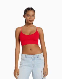 BERSHKA Crop top bretelles fines Blanc Store
