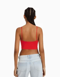 BERSHKA Crop top bretelles fines Blanc Store