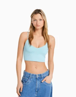 BERSHKA Crop top bretelles fines Blanc Outlet