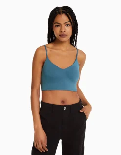 BERSHKA Crop top bretelles fines Blanc Hot