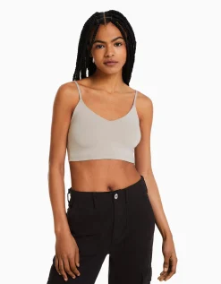 BERSHKA Crop top bretelles fines Blanc Best