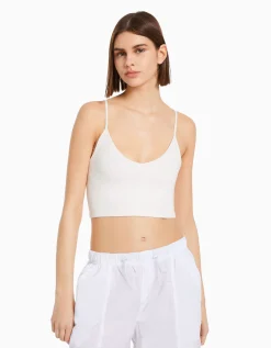 BERSHKA Crop top bretelles fines Blanc Shop