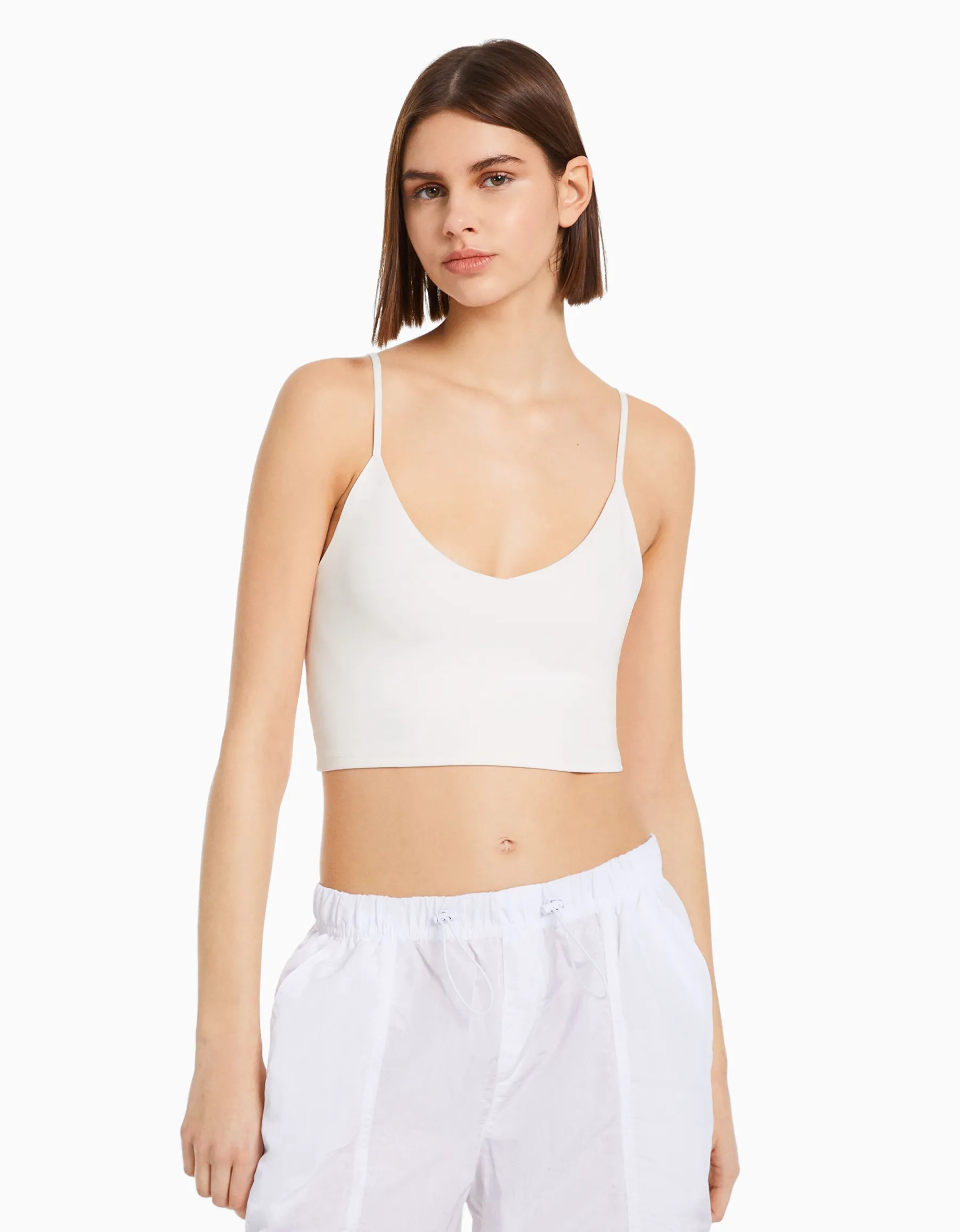 BERSHKA Crop top bretelles fines Blanc Shop