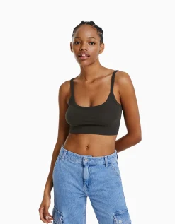 BERSHKA Crop top bretelles larges Gris Cheap