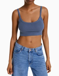BERSHKA Crop top bretelles larges Bleu lavé Store