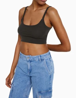 BERSHKA Crop top bretelles larges Gris Shop