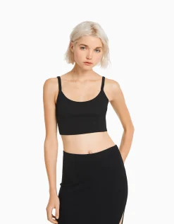 BERSHKA Crop top bretelles larges Noir New