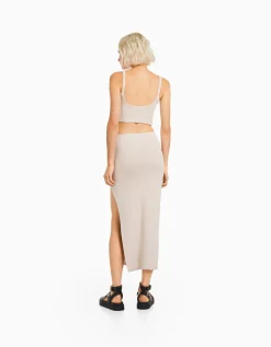BERSHKA Crop top bretelles larges Sable Flash Sale