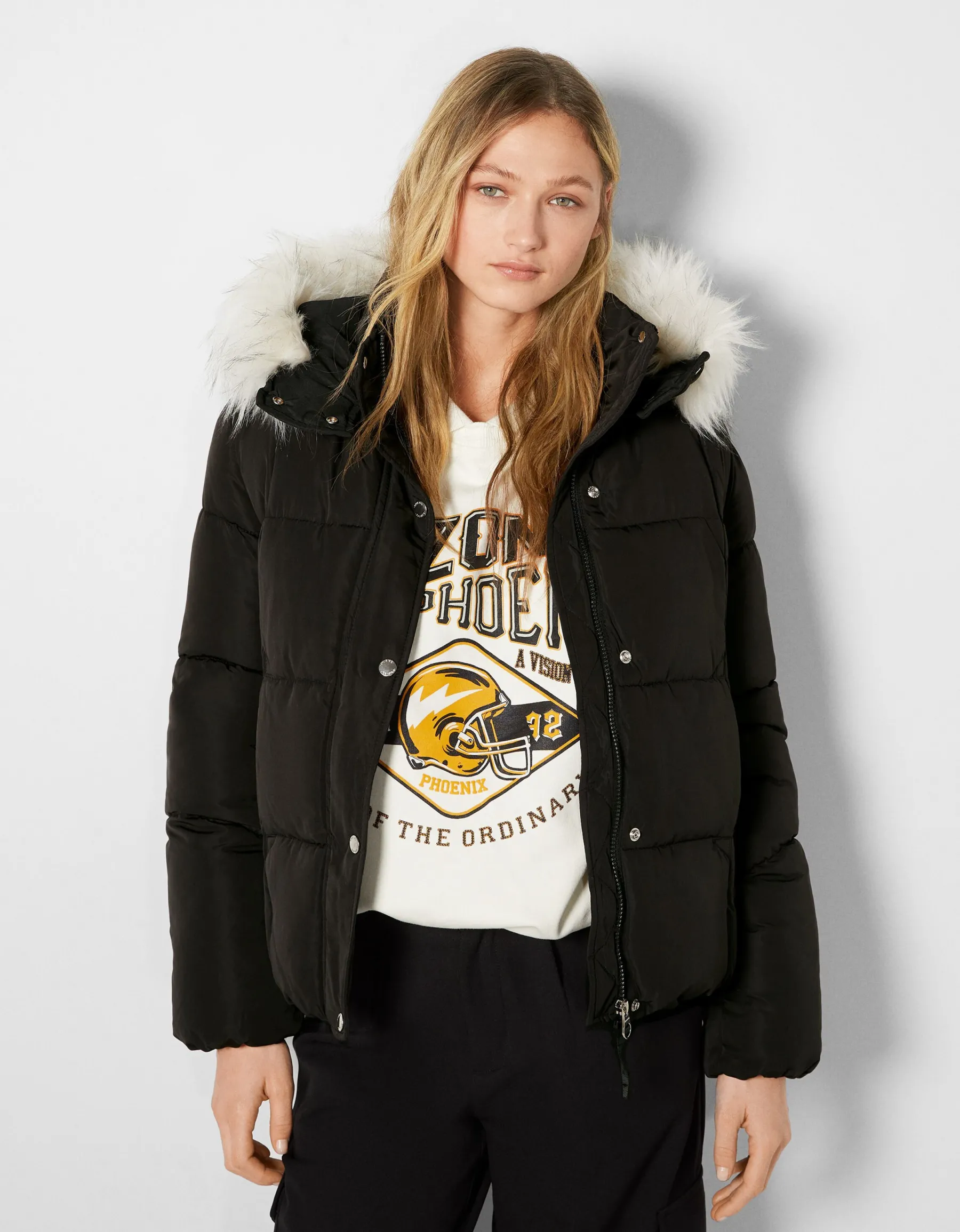 BERSHKA Doudoune capuche fausse fourrure Pierre Flash Sale
