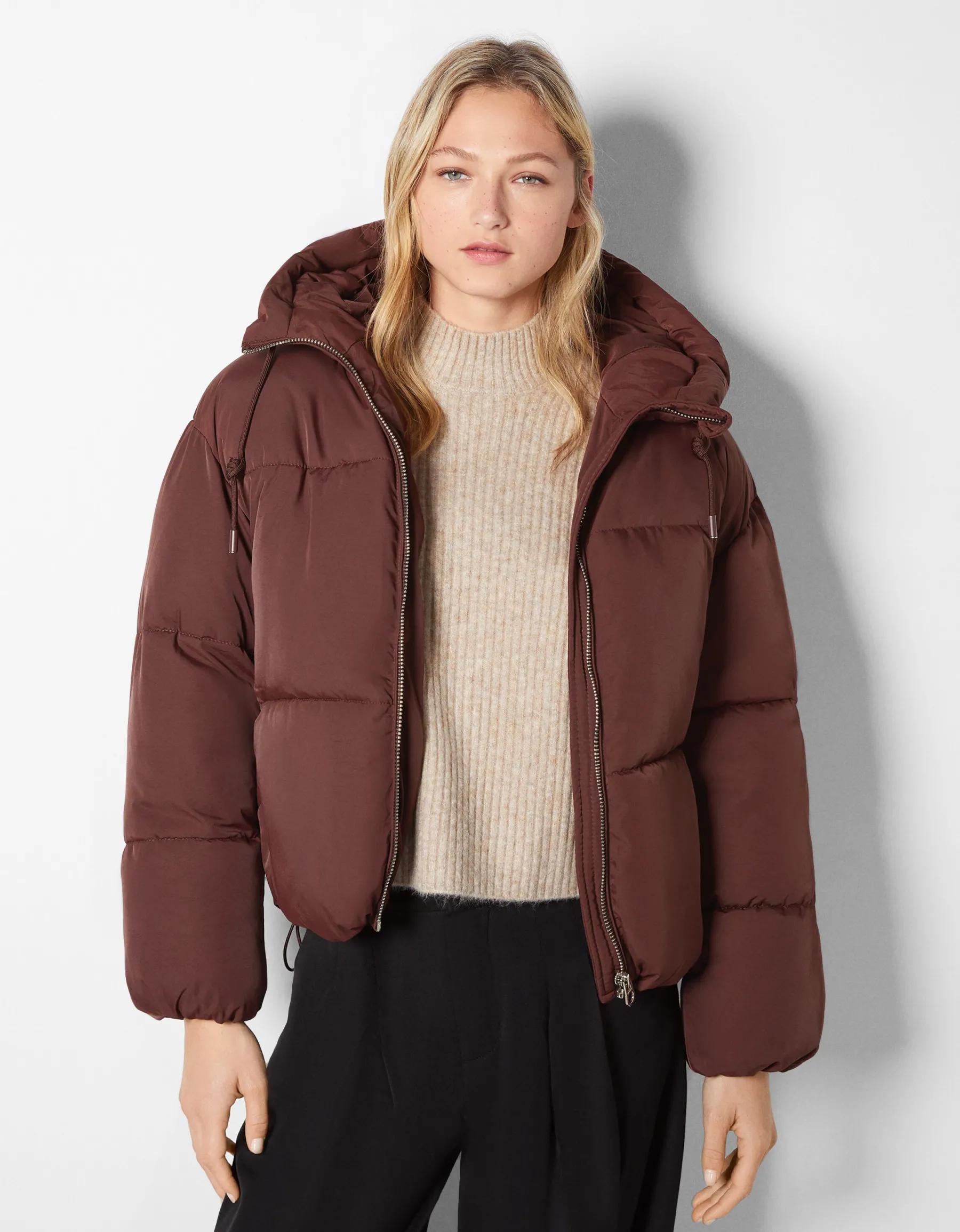 BERSHKA Doudoune capuche oversize Marron New