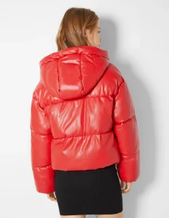 BERSHKA Doudoune capuche similicuir Rouge Shop
