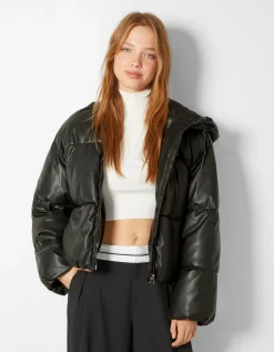 BERSHKA Doudoune capuche similicuir Rouge Cheap