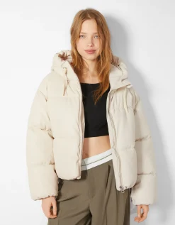BERSHKA Doudoune capuche similicuir Rouge Hot