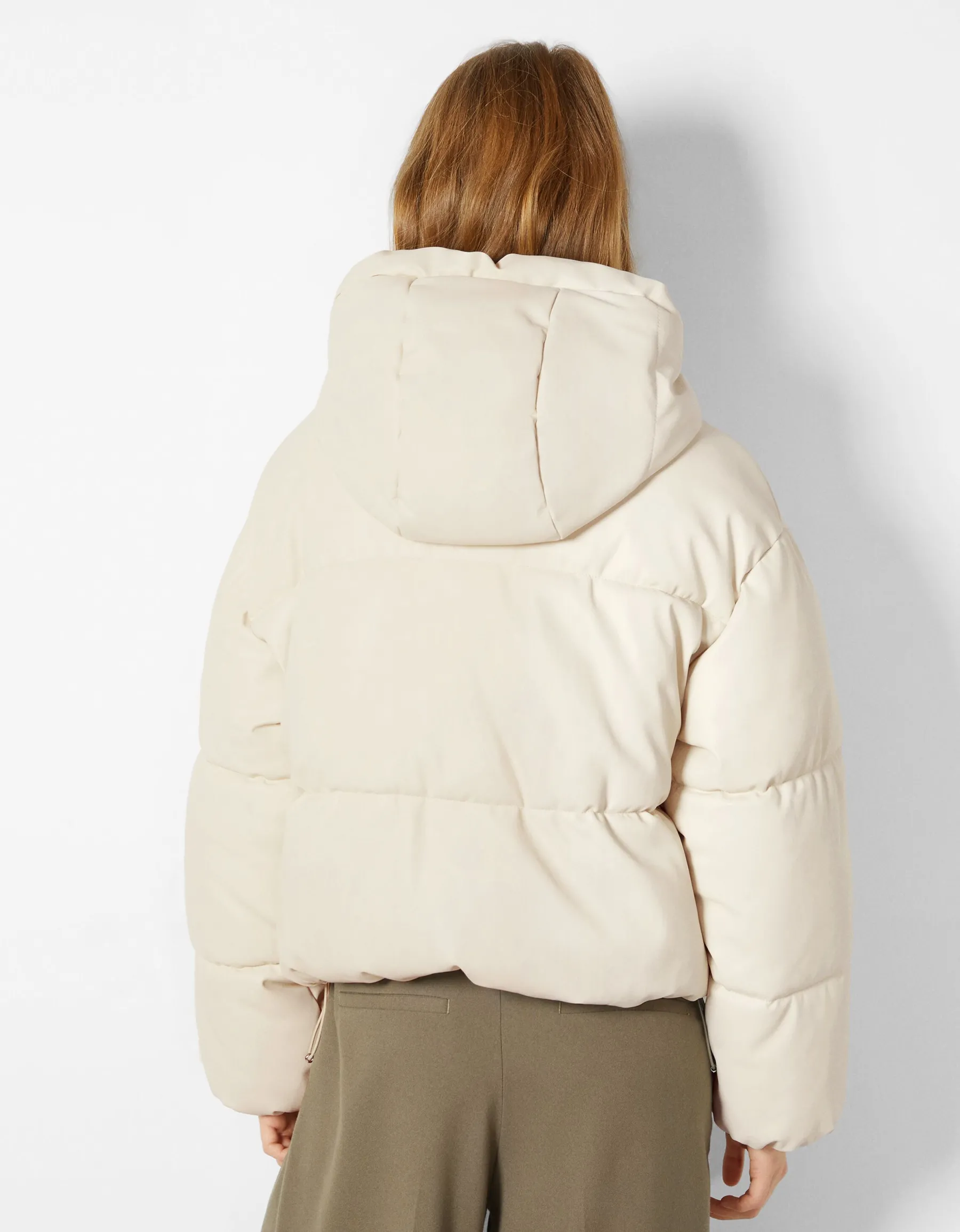 BERSHKA Doudoune capuche similicuir Rouge Hot