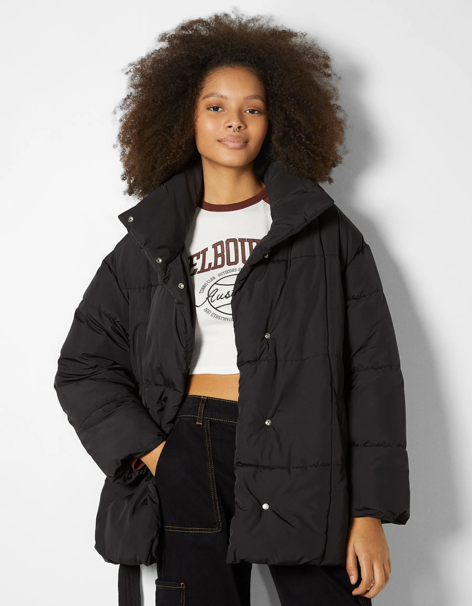BERSHKA Doudoune effet nylon ceinture Noir Clearance
