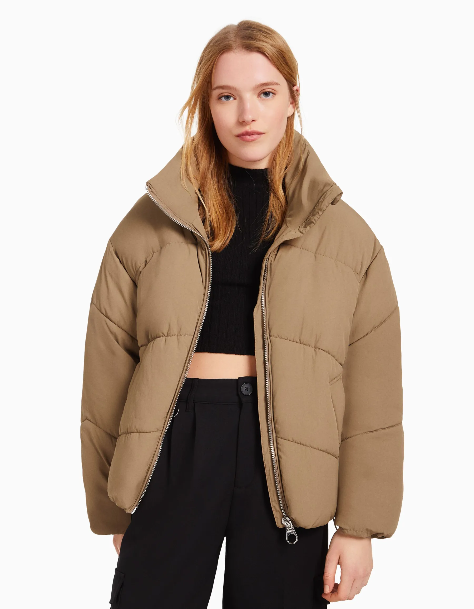 BERSHKA Doudoune oversize Taupe Store