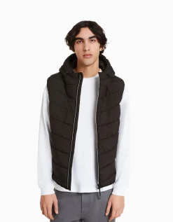 BERSHKA Doudoune sans manches capuche matelassée Noir Cheap