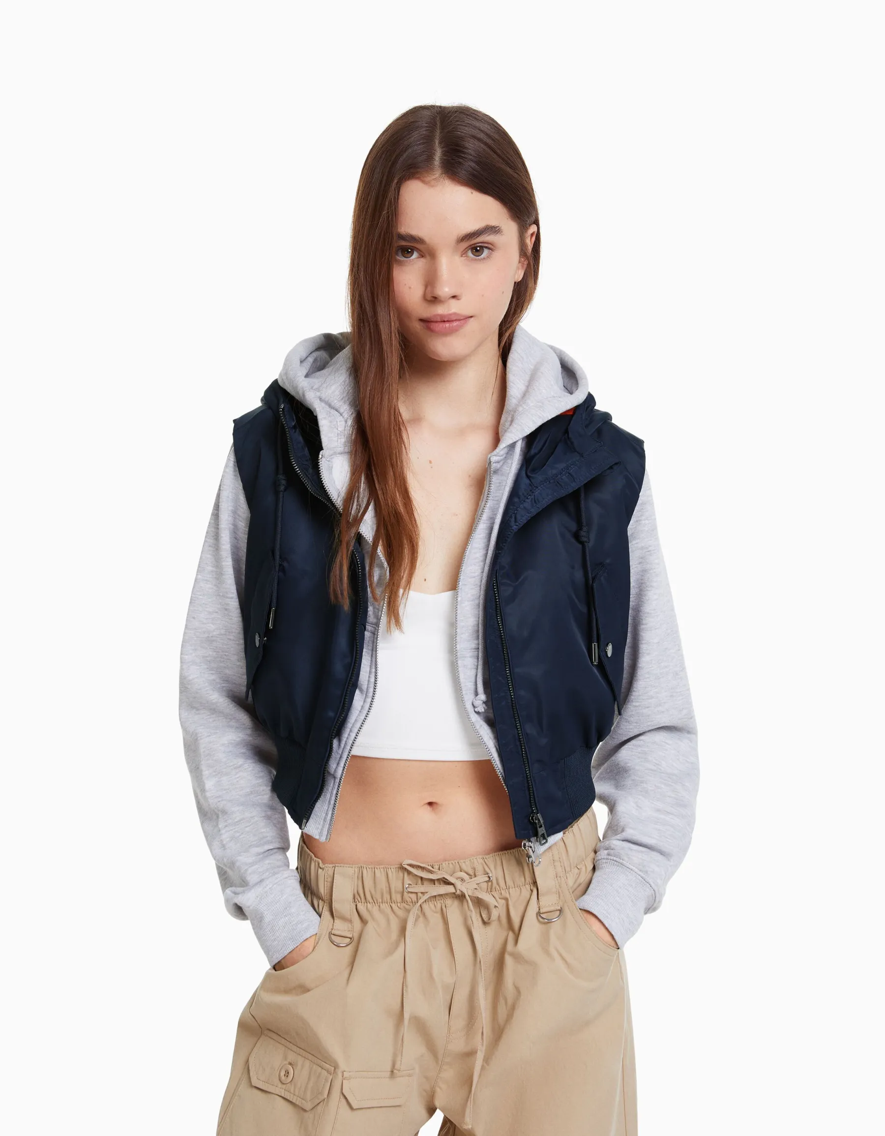 BERSHKA Gilet bomber cropped sans manches capuche Marine Best