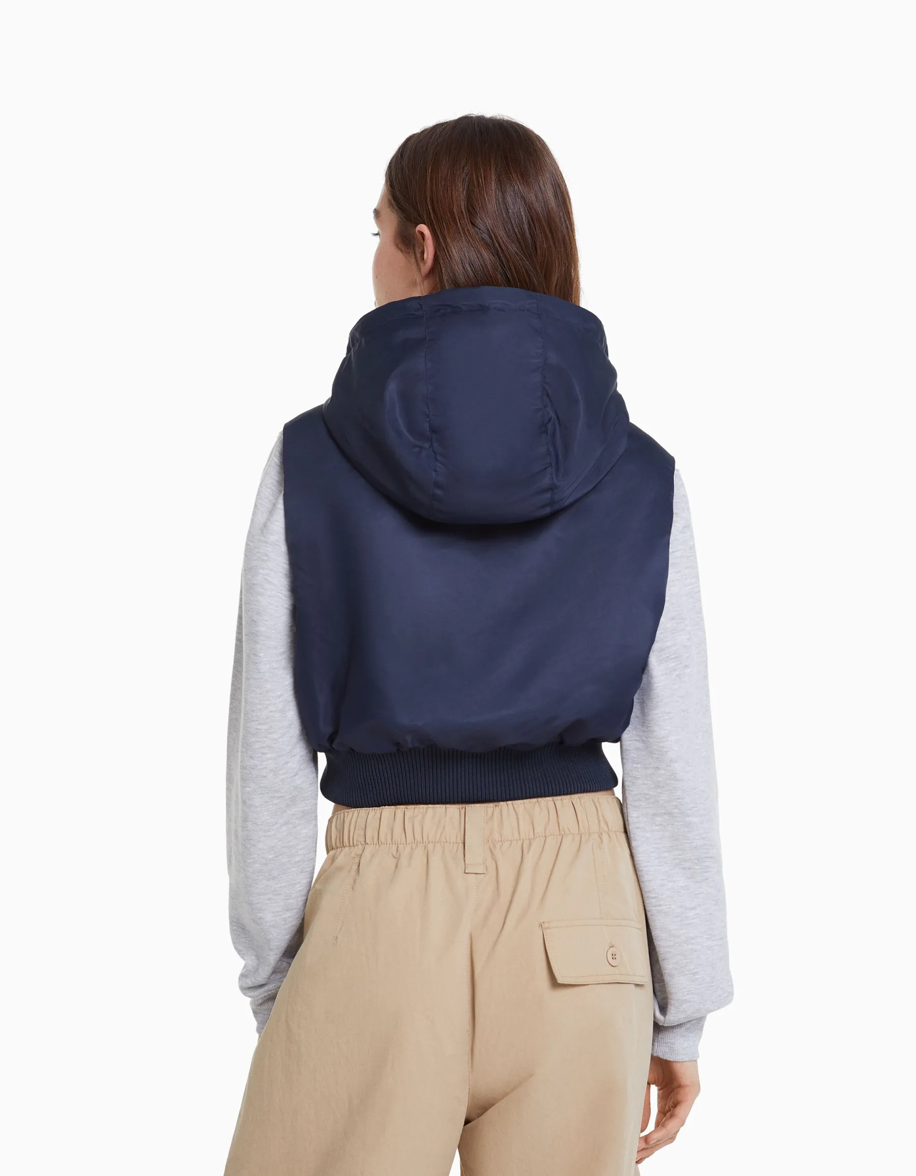 BERSHKA Gilet bomber cropped sans manches capuche Marine Best