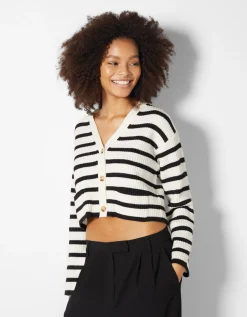 BERSHKA Gilet bord-côte rayé Écru Outlet