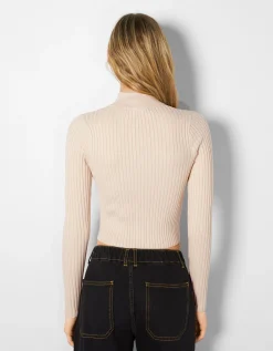 BERSHKA Gilet col montant fermeture Éclair bord-côte Sable Cheap