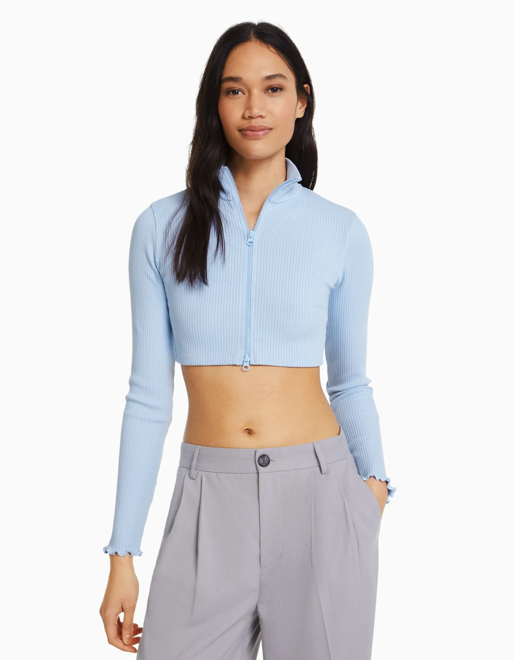 BERSHKA Gilet cropped col montant fermeture Éclair Bleu clair Flash Sale