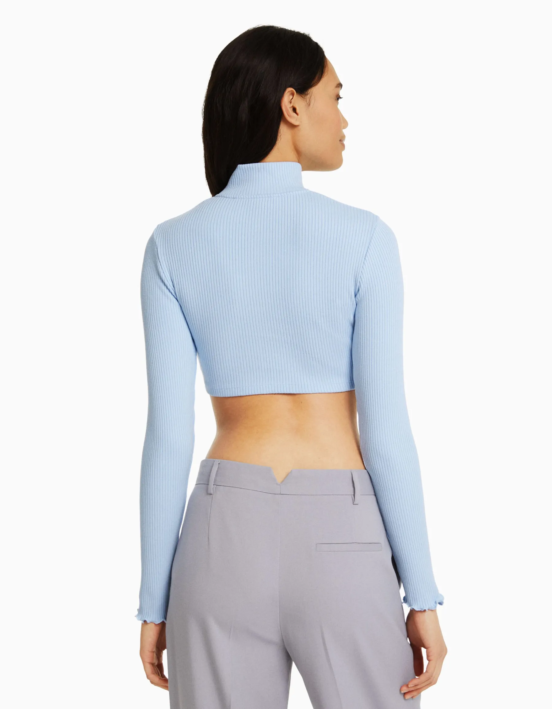 BERSHKA Gilet cropped col montant fermeture Éclair Bleu clair Flash Sale