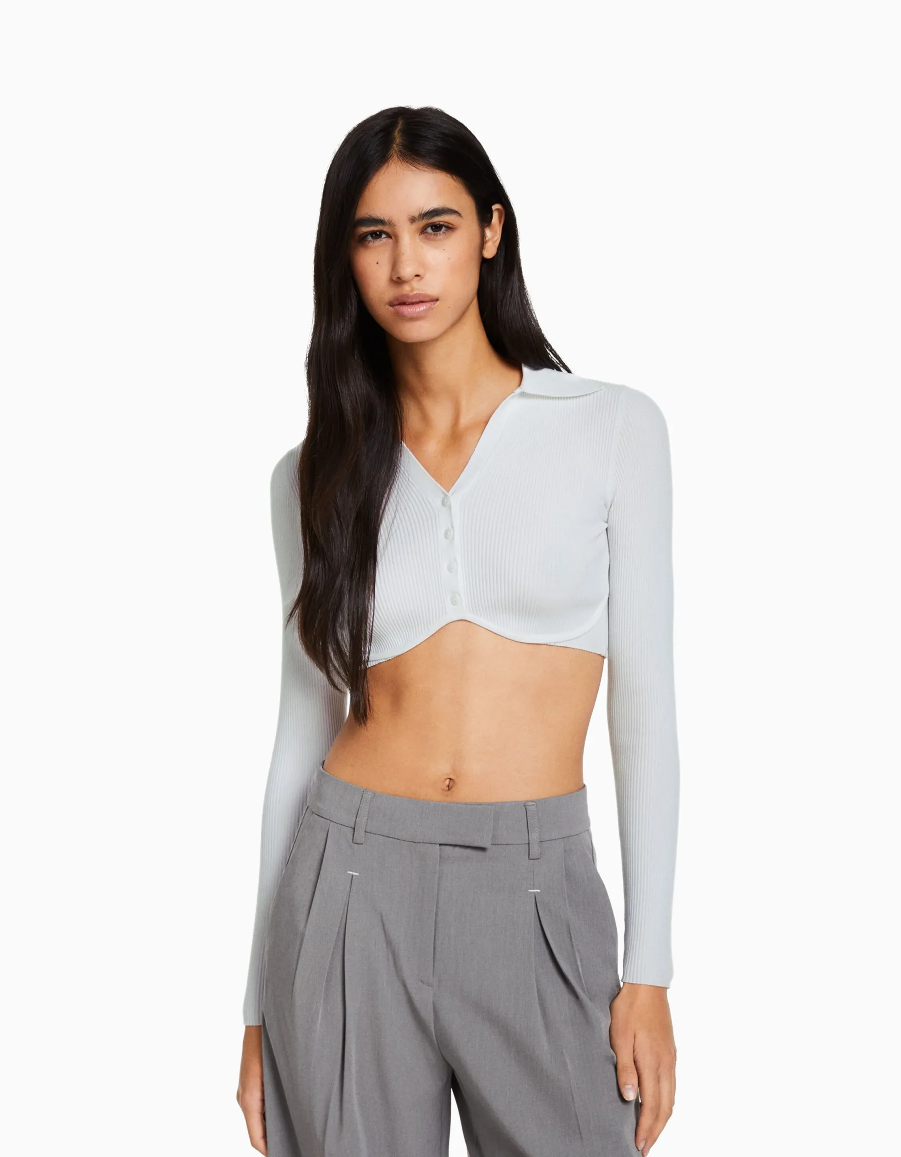 BERSHKA Gilet cropped col polo boutons Blanc New