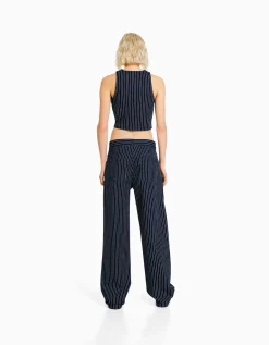 BERSHKA Gilet denim sans manches rayures tennis Bleu Best