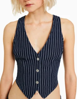 BERSHKA Gilet denim sans manches rayures tennis Bleu Best