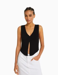 BERSHKA Gilet en maille avec boutons Noir Hot