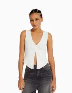 BERSHKA Gilet en maille avec boutons Noir Hot