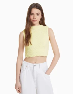 BERSHKA Gilet maille chenille Jaune Clearance