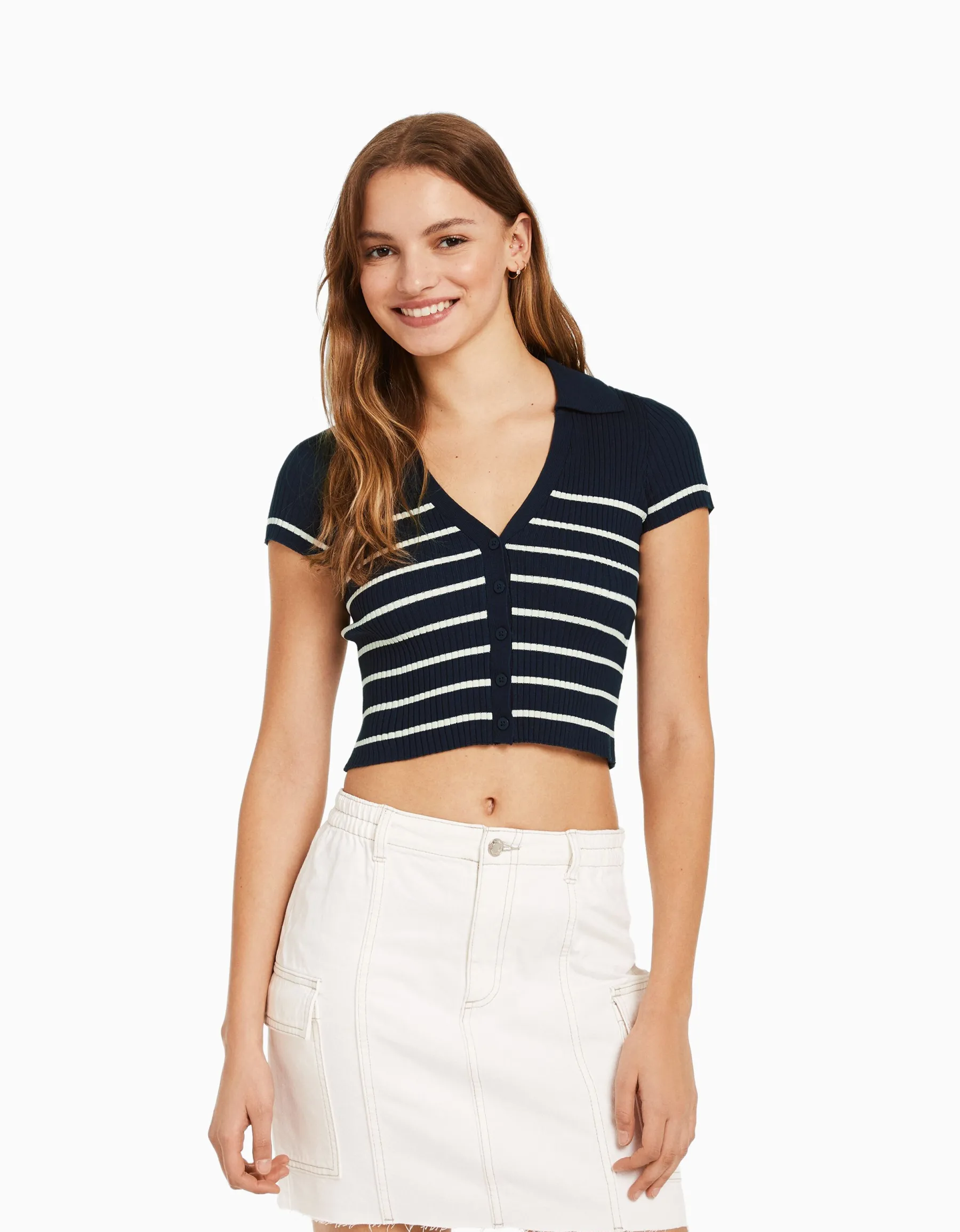 BERSHKA Gilet manches courtes col polo Bleu Online