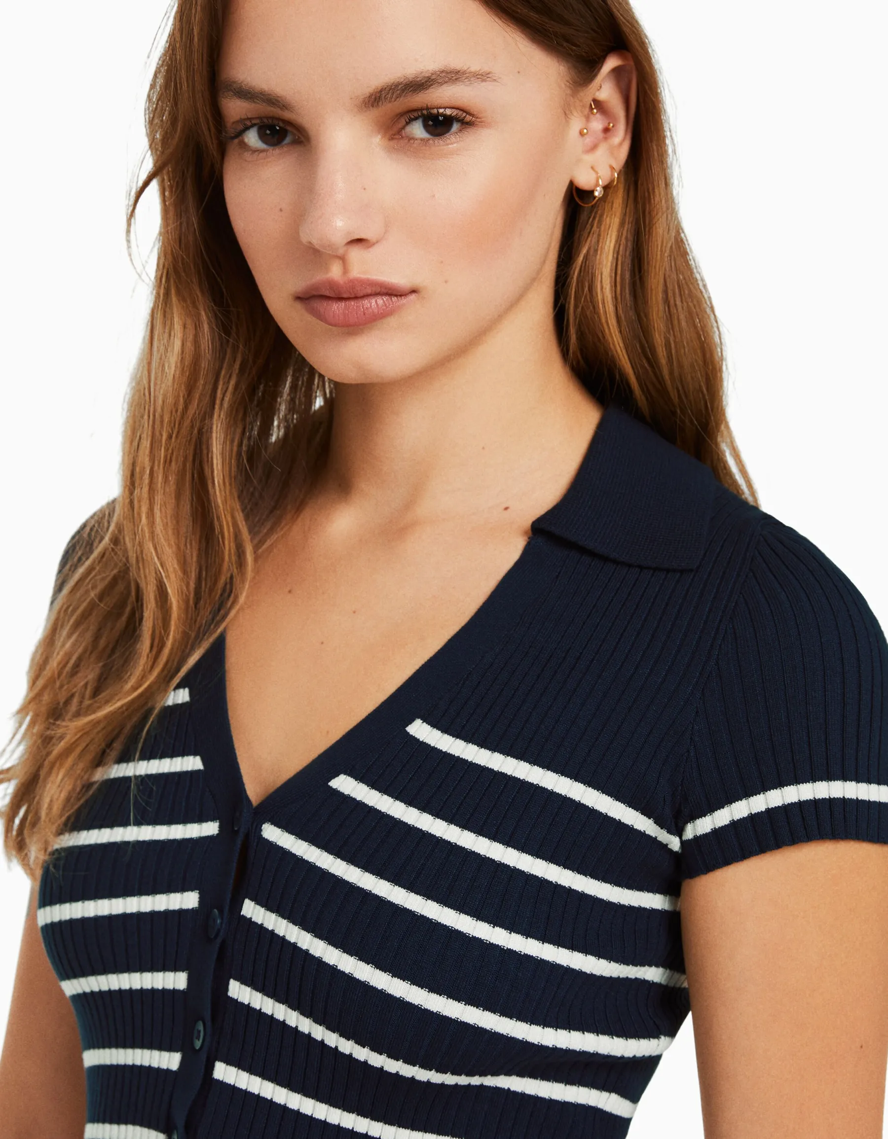 BERSHKA Gilet manches courtes col polo Bleu Online
