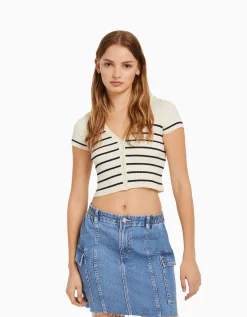 BERSHKA Gilet manches courtes col polo Bleu Outlet