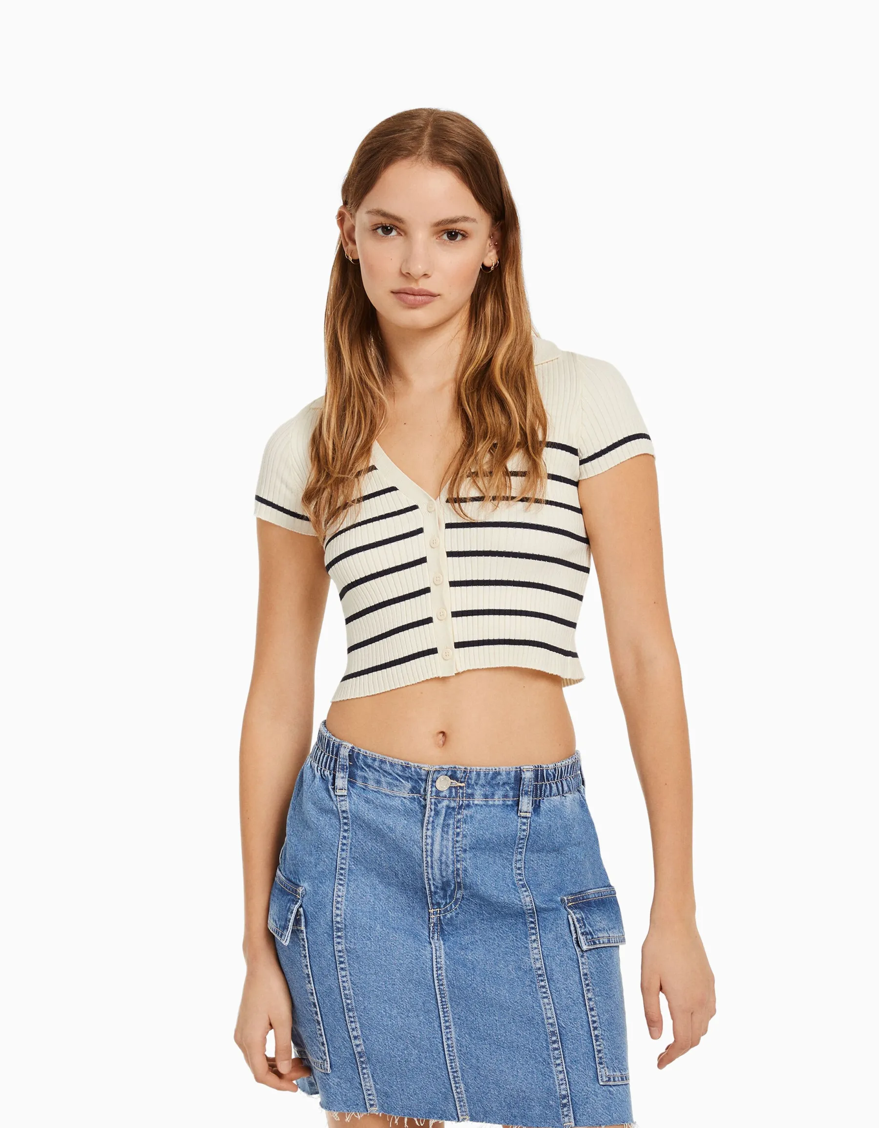 BERSHKA Gilet manches courtes col polo Bleu Outlet