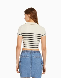 BERSHKA Gilet manches courtes col polo Bleu Outlet