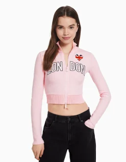 BERSHKA Gilet manches longues broderie fermeture Éclair Écru Clearance